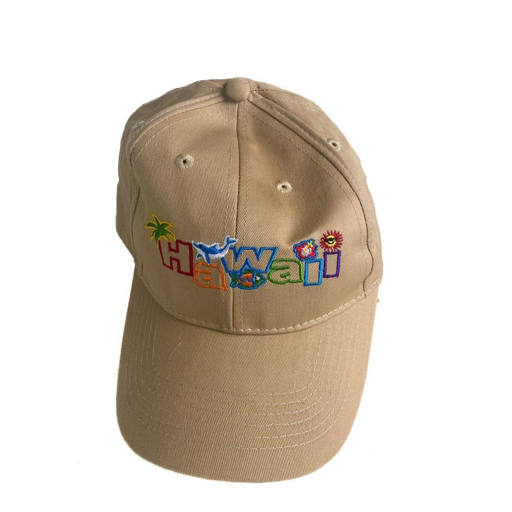 Vintage Hawaii Snapback Hat Cap Tan with Multi Color Embroidered Logos